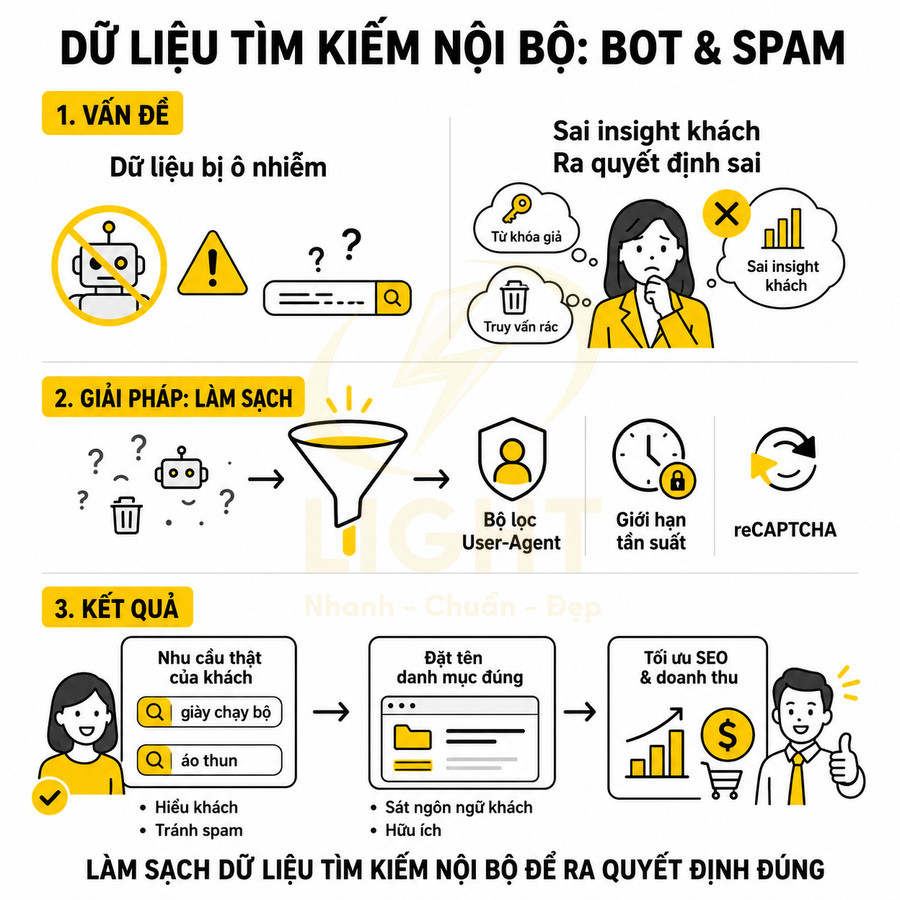 Infographic quy trình làm sạch dữ liệu tìm kiếm nội bộ để loại bỏ bot spam và tối ưu SEO doanh thu