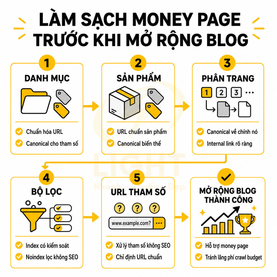 Quy trình tối ưu SEO money page và URL trước khi mở rộng blog để tăng hiệu quả nội dung