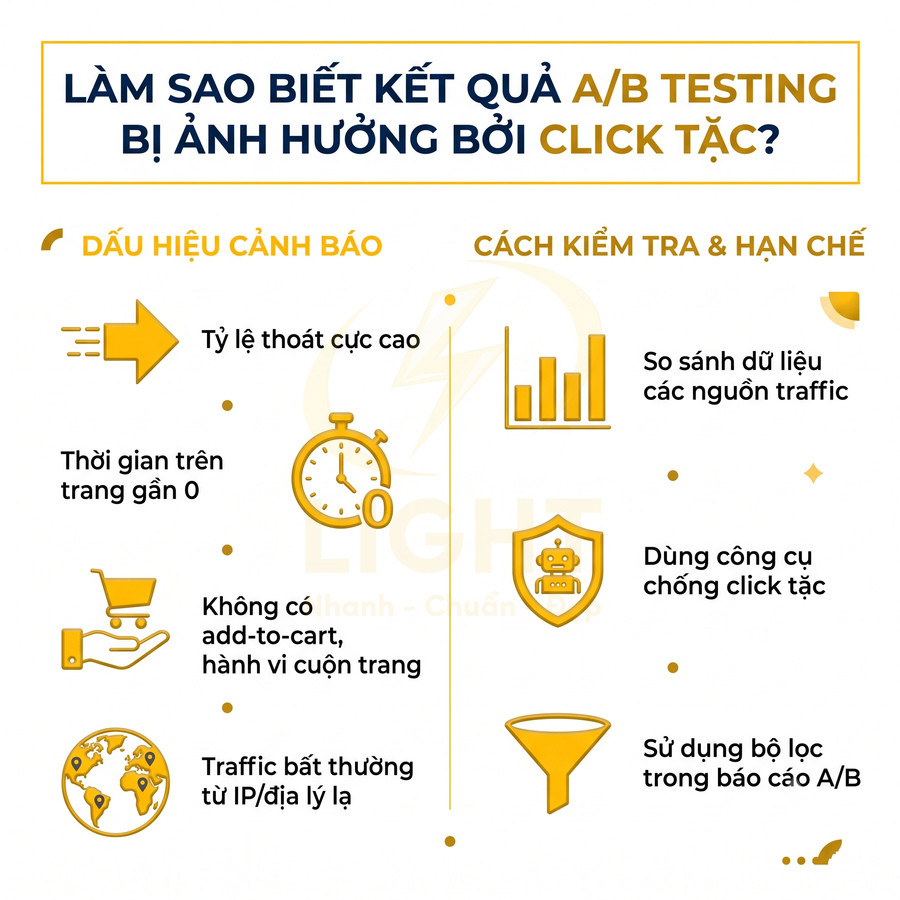 Infographic dấu hiệu click tặc ảnh hưởng A/B testing và cách kiểm tra hạn chế trong quảng cáo online