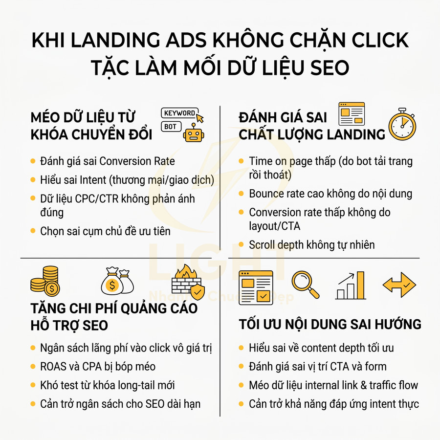 Infographic về hậu quả khi landing page quảng cáo không chặn click tặc làm sai lệch dữ liệu SEO