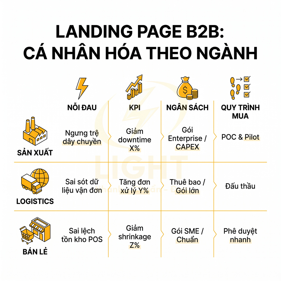 Bảng nội dung landing page B2B cá nhân hóa theo ngành sản xuất logistics bán lẻ với nỗi đau KPI ngân sách quy trình mua