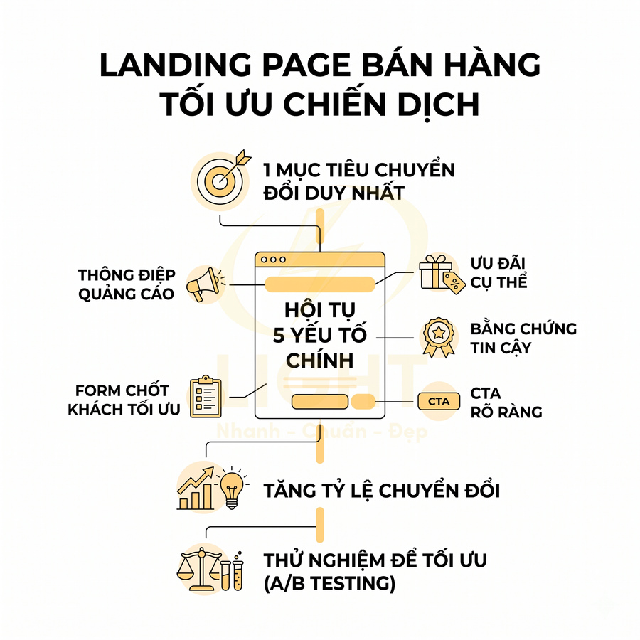 Mô hình landing page bán hàng với 5 yếu tố chính giúp tăng tỷ lệ chuyển đổi và tối ưu chiến dịch marketing
