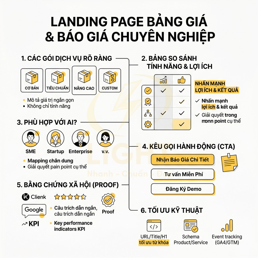 Mô hình landing page bảng giá và báo giá chuyên nghiệp với các gói dịch vụ, CTA và tối ưu kỹ thuật SEO