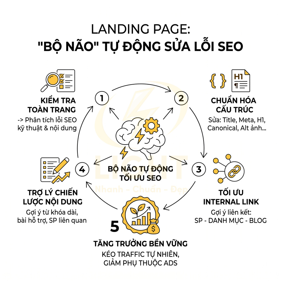 Mô hình bộ não tự động tối ưu SEO cho landing page với 5 bước kiểm tra, chuẩn hóa, internal link, nội dung và tăng trưởng