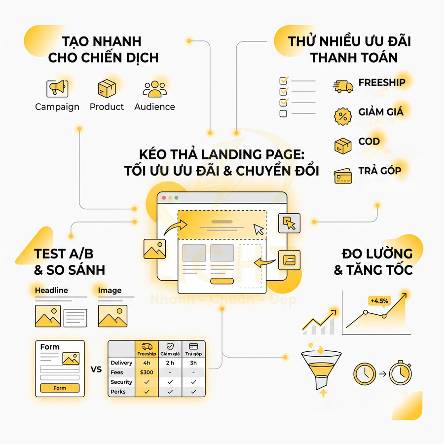 Mô tả giải pháp kéo thả tạo landing page tối ưu ưu đãi, A/B testing và đo lường chuyển đổi cho chiến dịch marketing