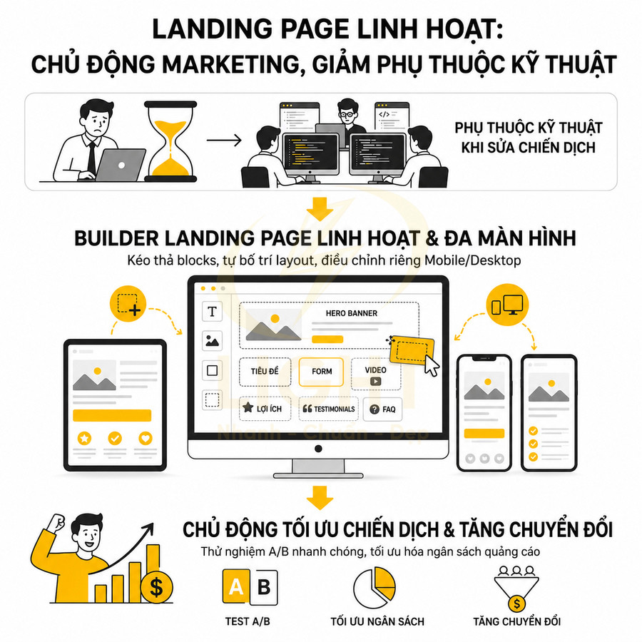 Mô tả giải pháp builder landing page linh hoạt, kéo thả trên máy tính và điện thoại để tối ưu chiến dịch marketing
