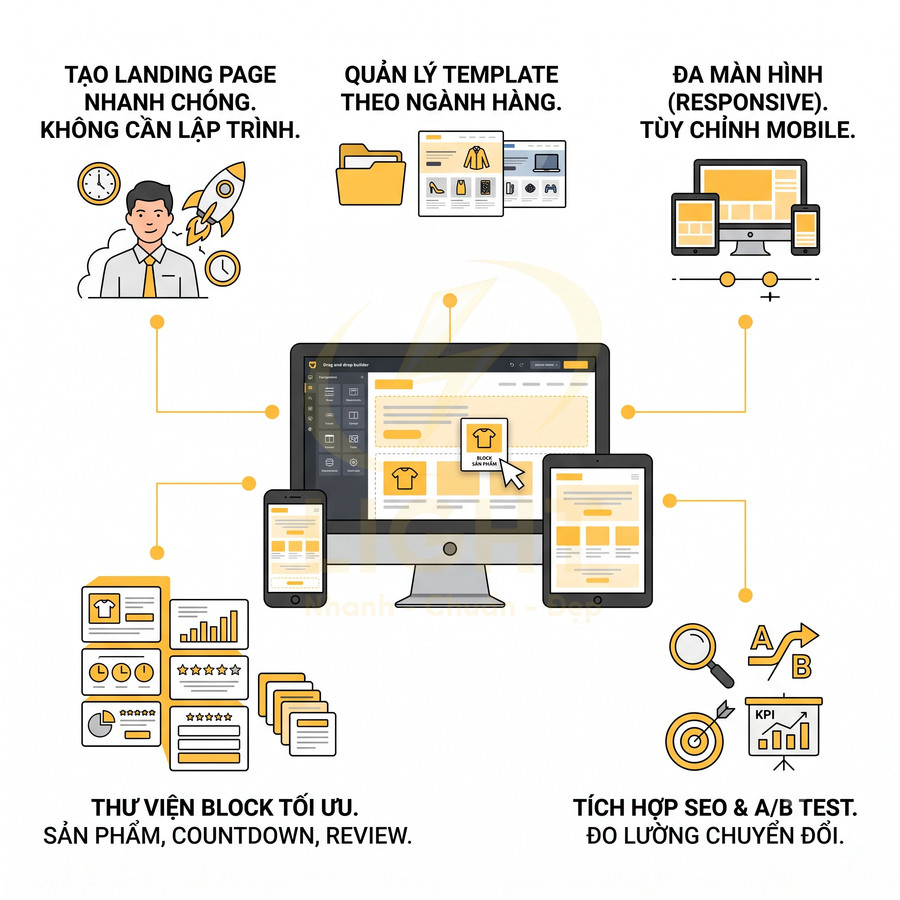 Giao diện phần mềm tạo landing page kéo thả trên máy tính và mobile với thư viện block, template và công cụ SEO