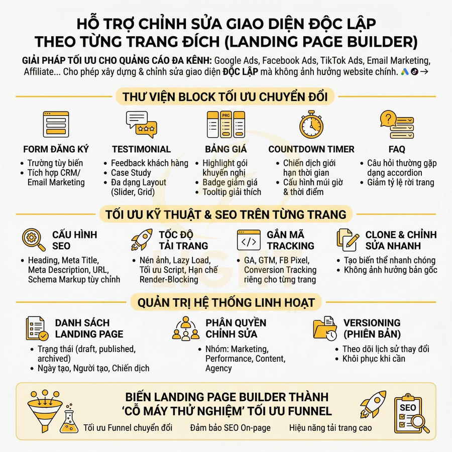 Infographic giới thiệu tính năng tối ưu chuyển đổi và SEO của công cụ Landing Page Builder