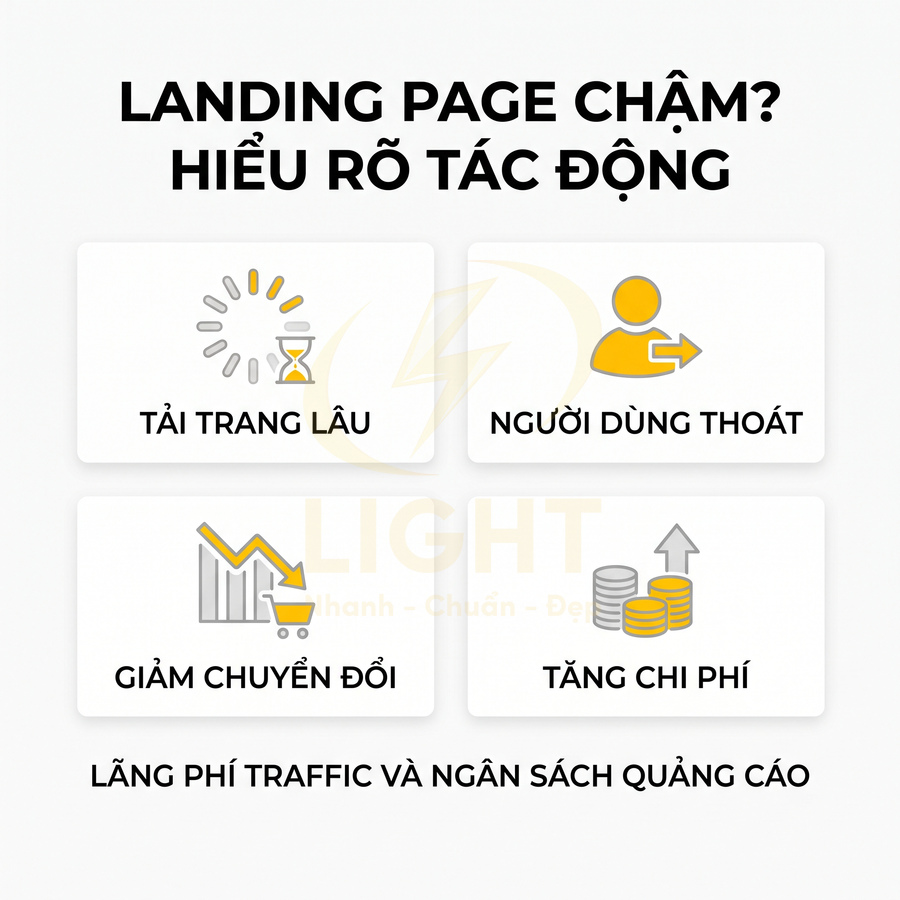 Minh họa tác hại landing page tải chậm: tải trang lâu, người dùng thoát, giảm chuyển đổi, tăng chi phí quảng cáo