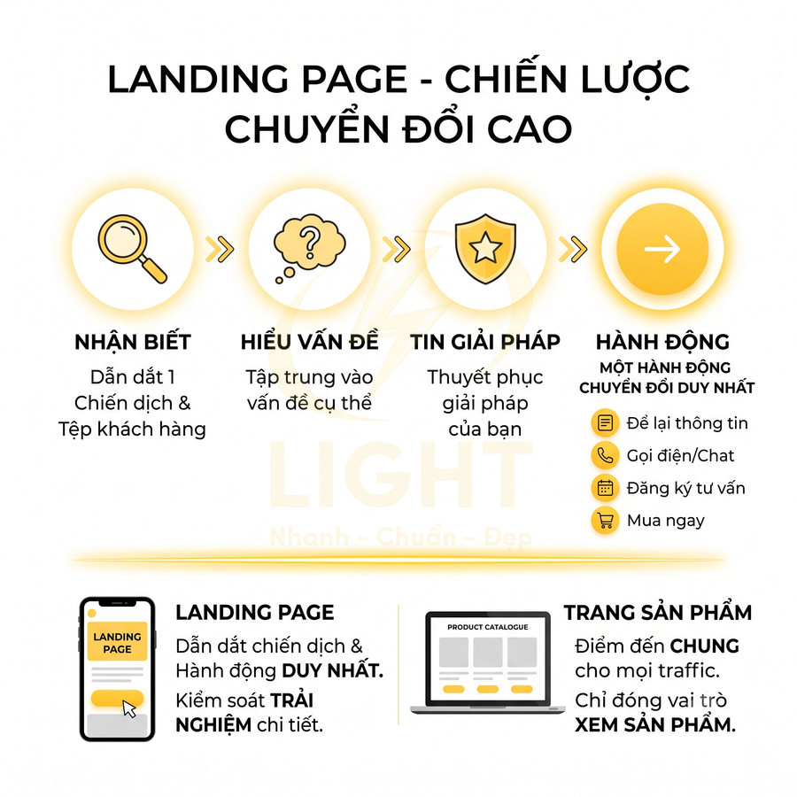 Infographic quy trình landing page chuyển đổi cao và so sánh landing page với trang sản phẩm trong marketing