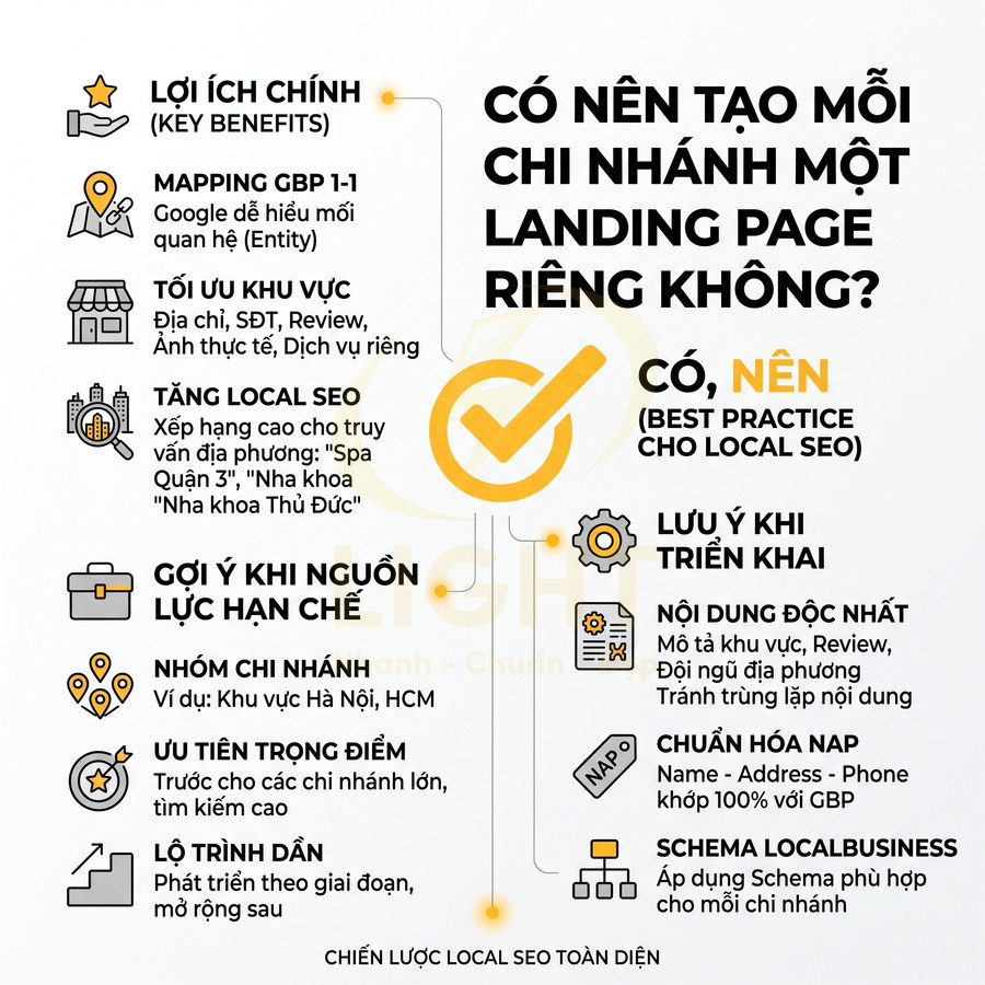 Infographic hướng dẫn tạo landing page riêng cho từng chi nhánh để tối ưu chiến lược local SEO doanh nghiệp