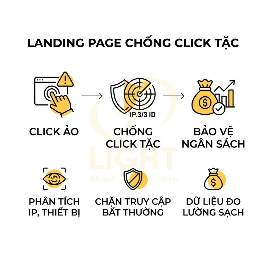 Landing page chống click tặc với tính năng phân tích IP, chặn truy cập bất thường và bảo vệ ngân sách quảng cáo