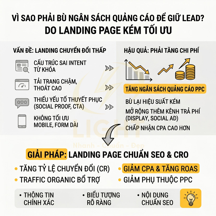 Infographic giải thích lý do landing page kém tối ưu làm tăng chi phí quảng cáo và lợi ích của landing page chuẩn SEO CRO
