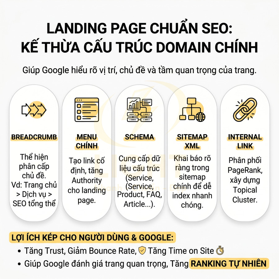 Hướng dẫn tối ưu landing page chuẩn SEO với breadcrumb, menu chính, schema, sitemap XML và internal link