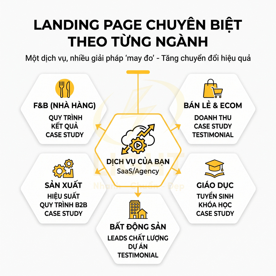Mô hình dịch vụ thiết kế landing page chuyên biệt cho từng ngành như F&B, bán lẻ, giáo dục, bất động sản