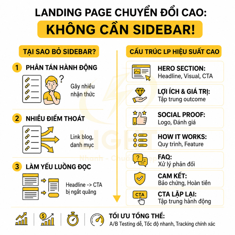 Infographic hướng dẫn tối ưu landing page chuyển đổi cao không cần sidebar, nêu lý do bỏ sidebar và cấu trúc trang hiệu suất cao