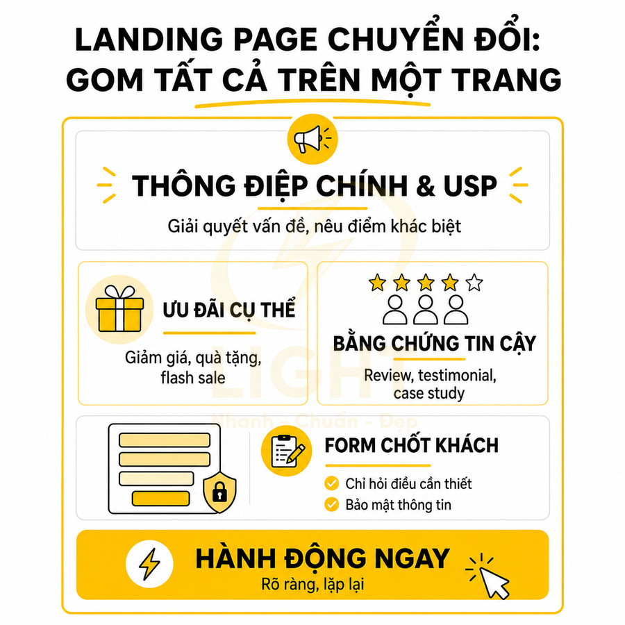 Mô hình cấu trúc landing page chuyển đổi với thông điệp chính, ưu đãi, bằng chứng tin cậy, form chốt khách và nút kêu gọi hành động