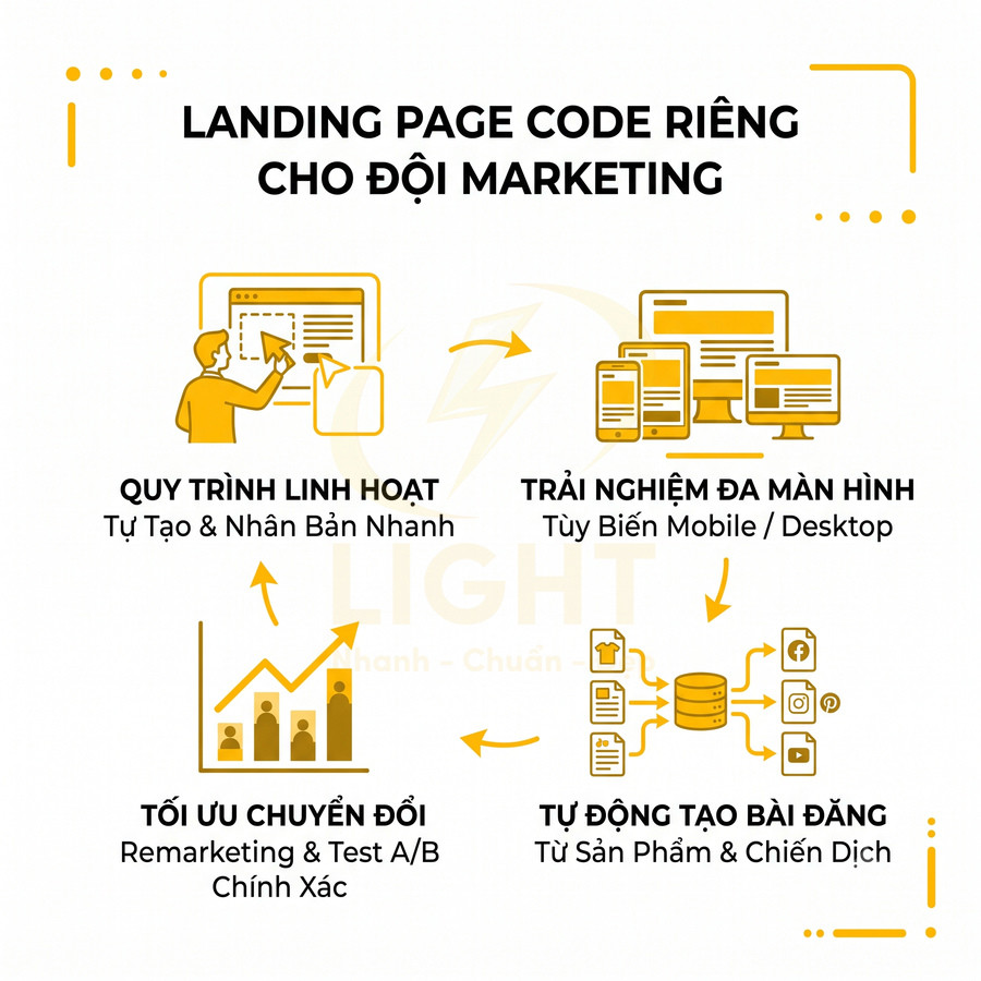 Landing page code riêng cho đội marketing với quy trình linh hoạt, đa màn hình, tối ưu chuyển đổi và tự động tạo bài đăng