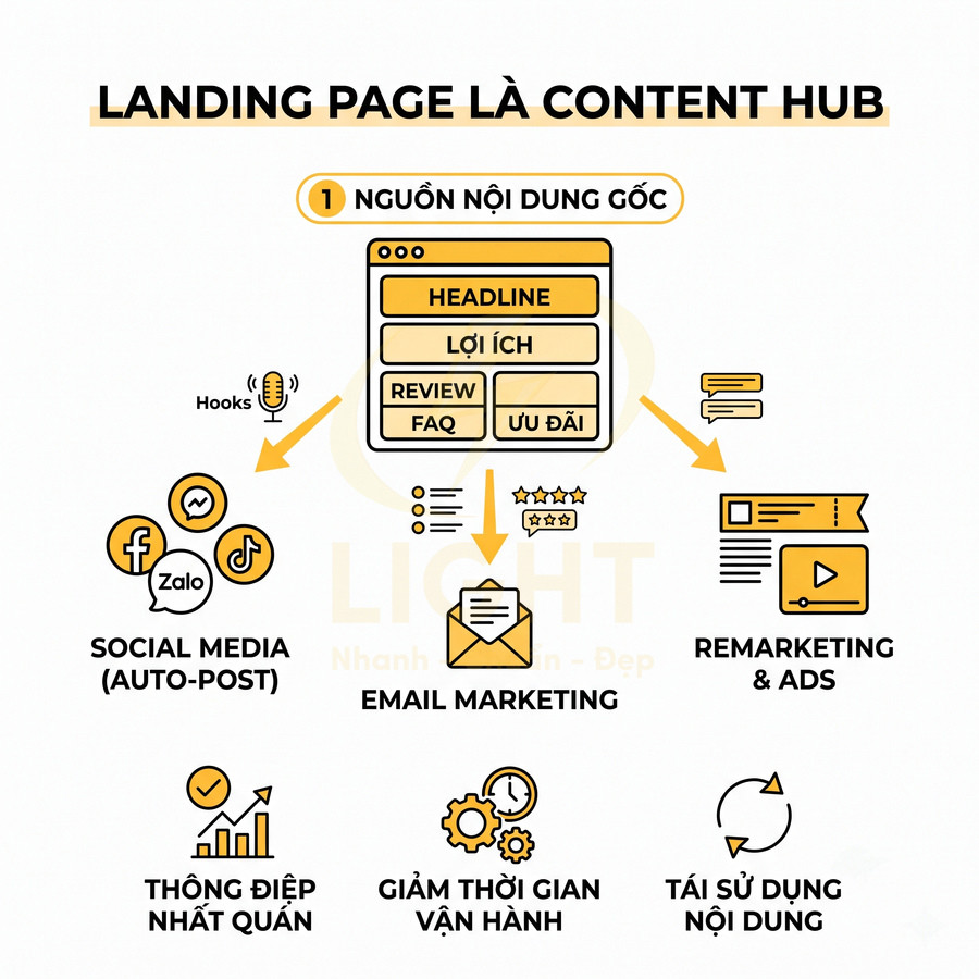 Mô hình landing page làm content hub phân phối nội dung gốc sang social media, email marketing, remarketing và tái sử dụng nội dung