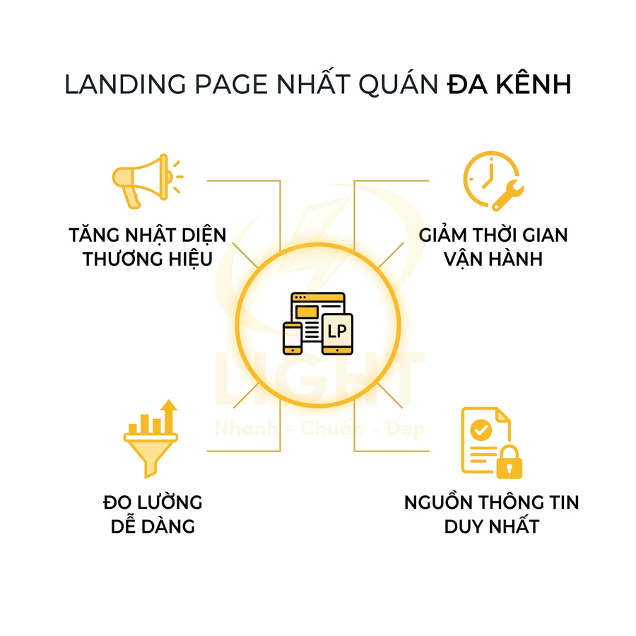 Lợi ích landing page đa kênh: tăng nhận diện thương hiệu, giảm thời gian vận hành, đo lường dễ dàng, nguồn thông tin duy nhất