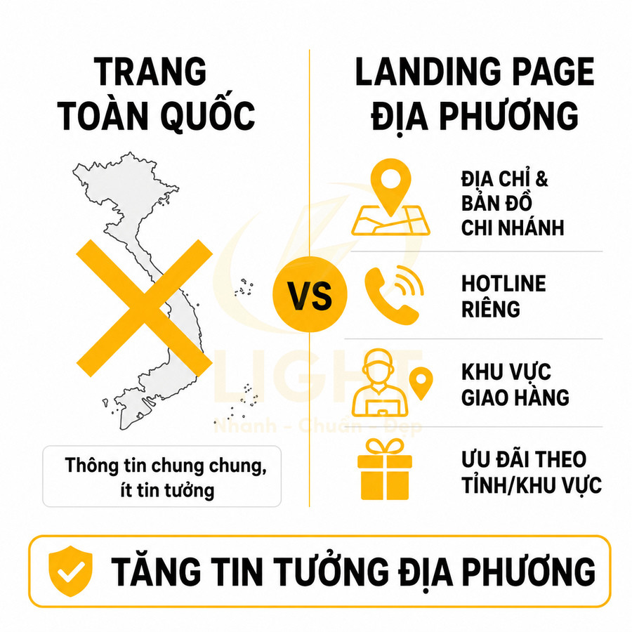 So sánh trang web toàn quốc và landing page địa phương để tăng tin tưởng khách hàng địa phương