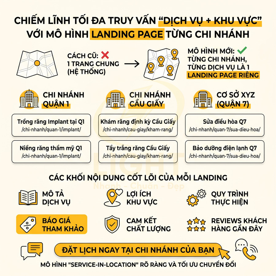 Mô hình landing page theo từng chi nhánh dịch vụ địa phương với nội dung mô tả, lợi ích, báo giá và đặt lịch hẹn