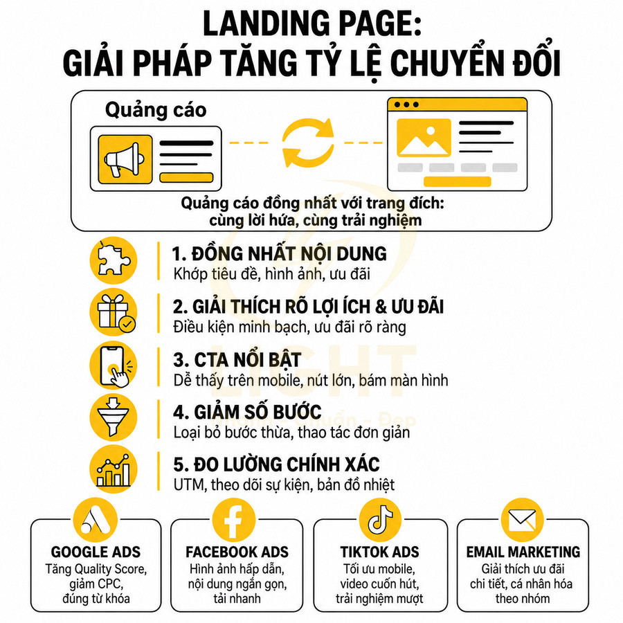 Infographic hướng dẫn tối ưu landing page tăng tỷ lệ chuyển đổi với 5 bước và các kênh quảng cáo online