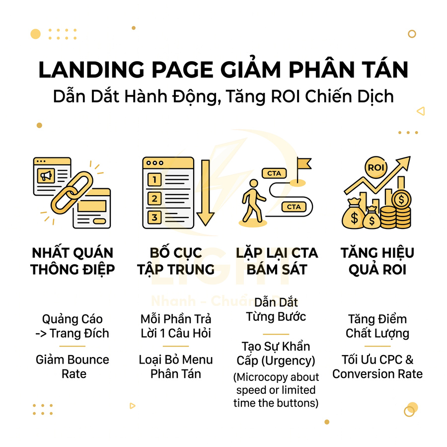 Hướng dẫn tối ưu landing page giảm phân tán với thông điệp nhất quán, bố cục tập trung, CTA bám sát và tăng hiệu quả ROI