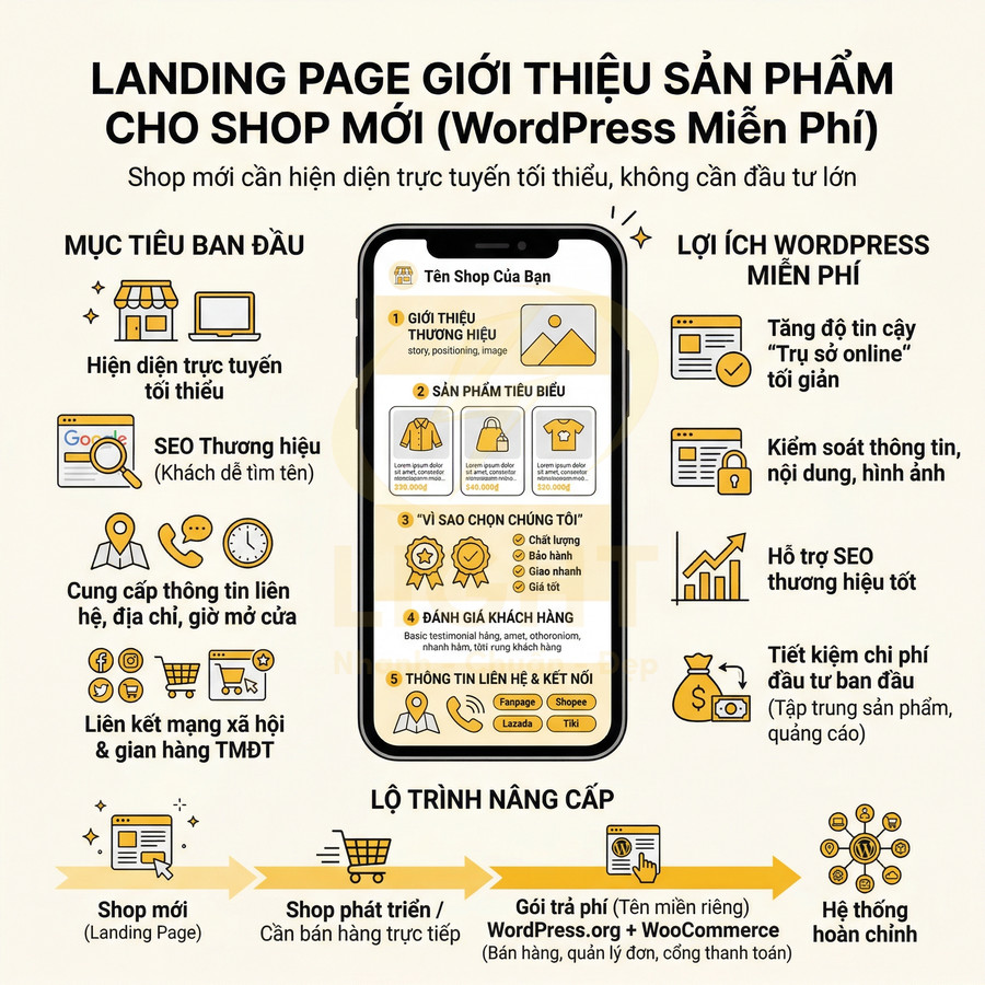 Landing page giới thiệu sản phẩm cho shop mới trên WordPress miễn phí hiển thị trên màn hình điện thoại
