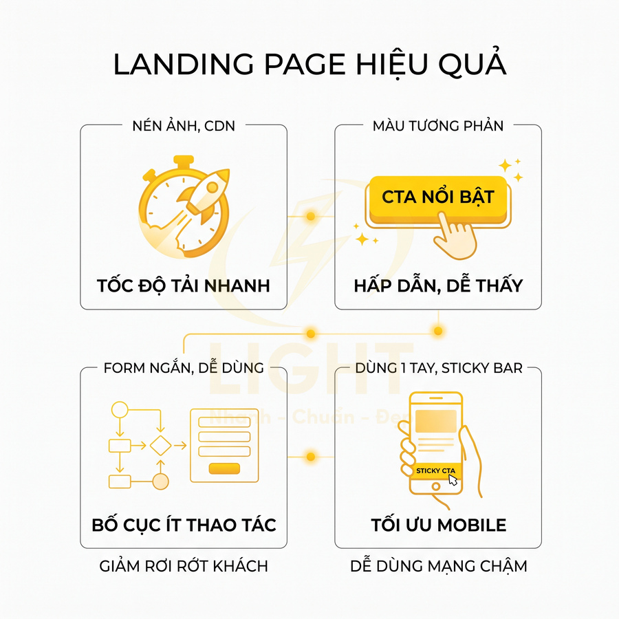 Các yếu tố tạo landing page hiệu quả với tốc độ tải nhanh, CTA nổi bật, form ngắn và tối ưu mobile