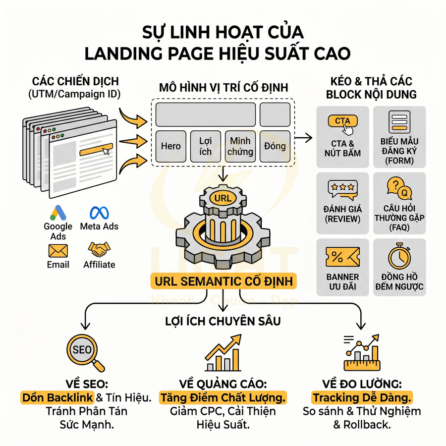 Mô hình landing page hiệu suất cao với URL semantic cố định, tối ưu SEO, quảng cáo và đo lường chiến dịch.