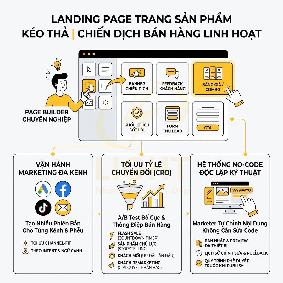 Mô tả giải pháp landing page kéo thả no code giúp tối ưu chiến dịch bán hàng và marketing đa kênh