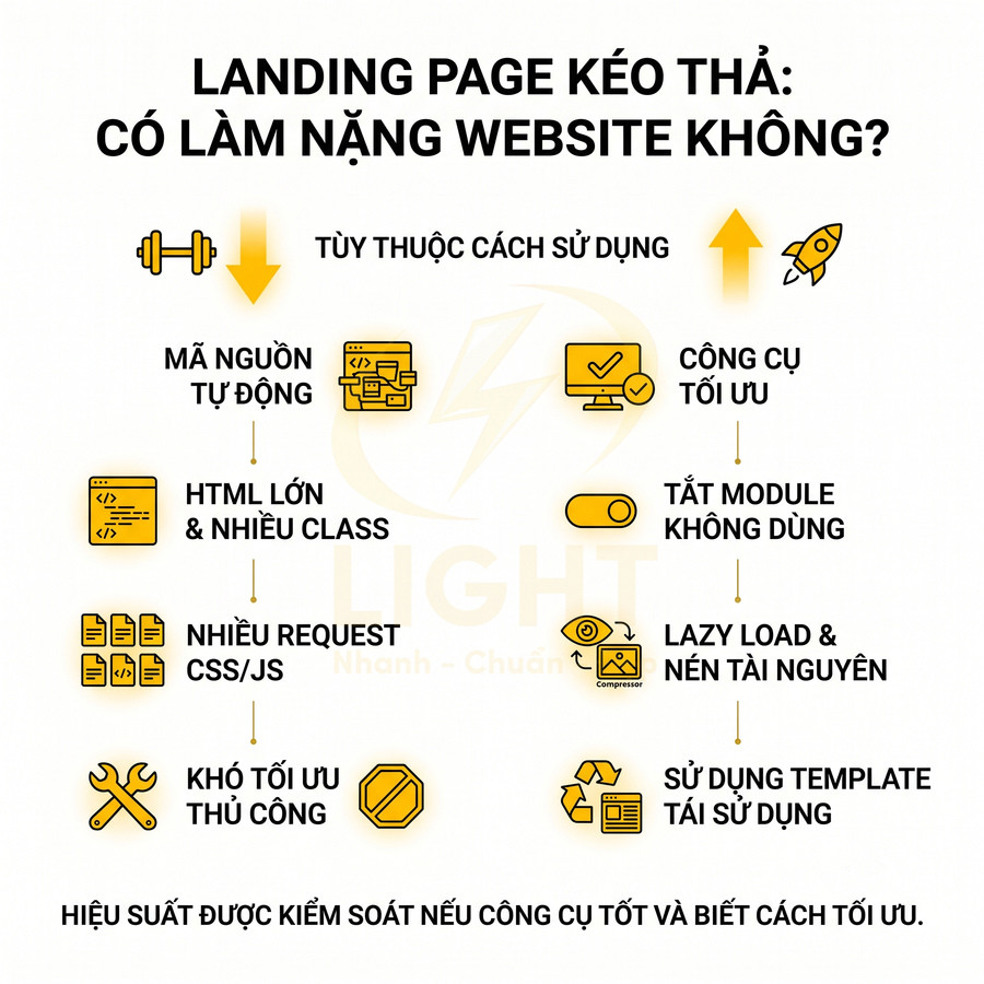 Landing page kéo thả có làm nặng website không và cách tối ưu hiệu suất bằng công cụ và template tái sử dụng