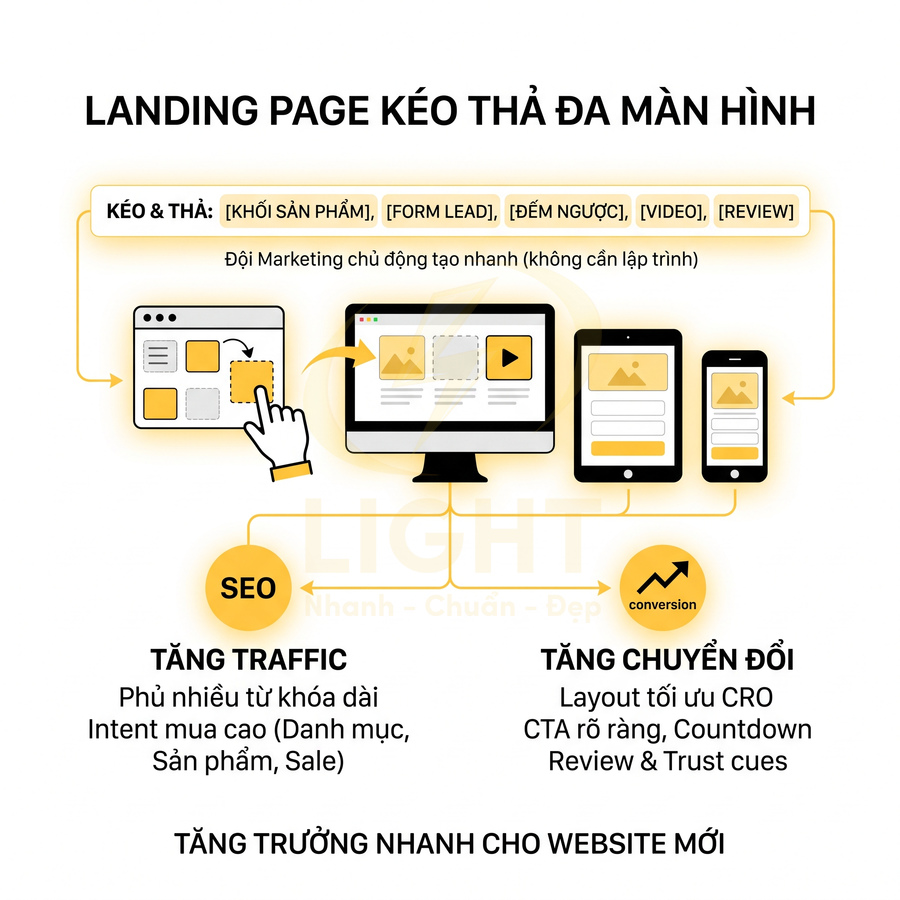 Mô tả landing page kéo thả đa màn hình giúp tăng traffic SEO và tăng chuyển đổi cho website