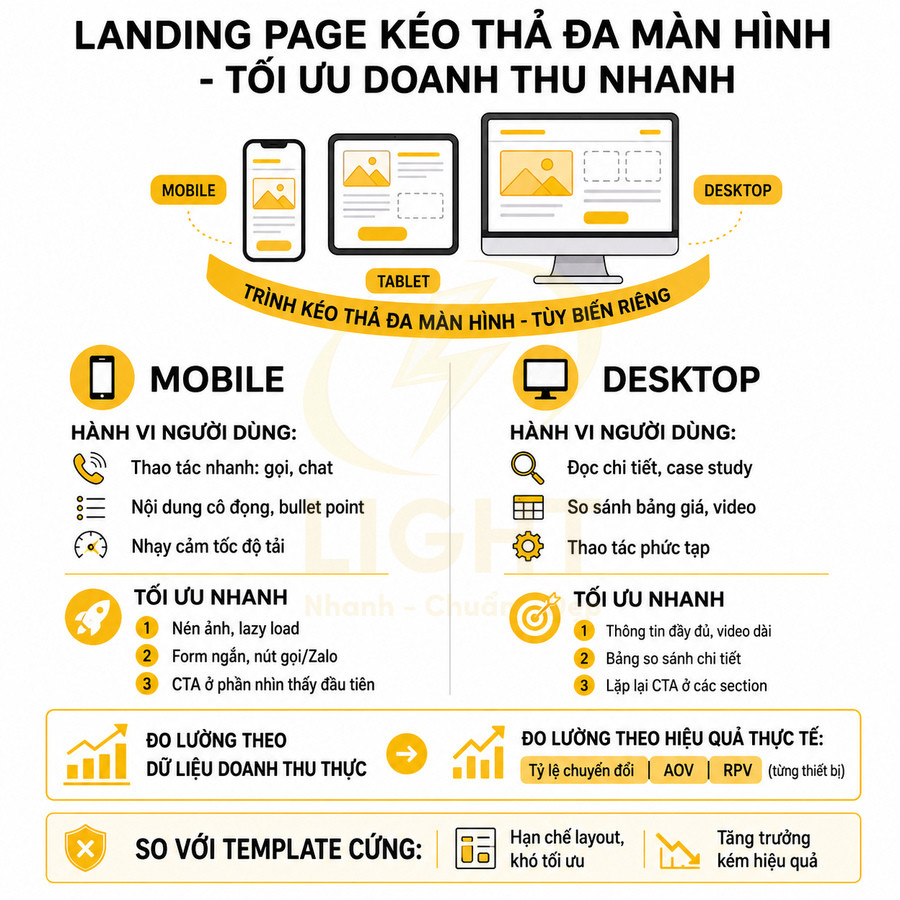 Infographic hướng dẫn tối ưu landing page kéo thả đa màn hình cho mobile và desktop để tăng doanh thu