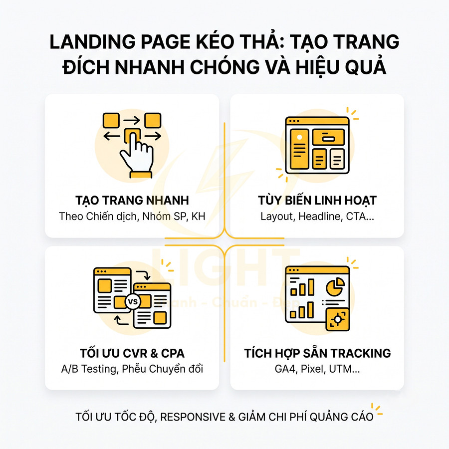 Giải pháp landing page kéo thả tạo trang đích nhanh, tùy biến linh hoạt, tối ưu chuyển đổi và tích hợp sẵn tracking