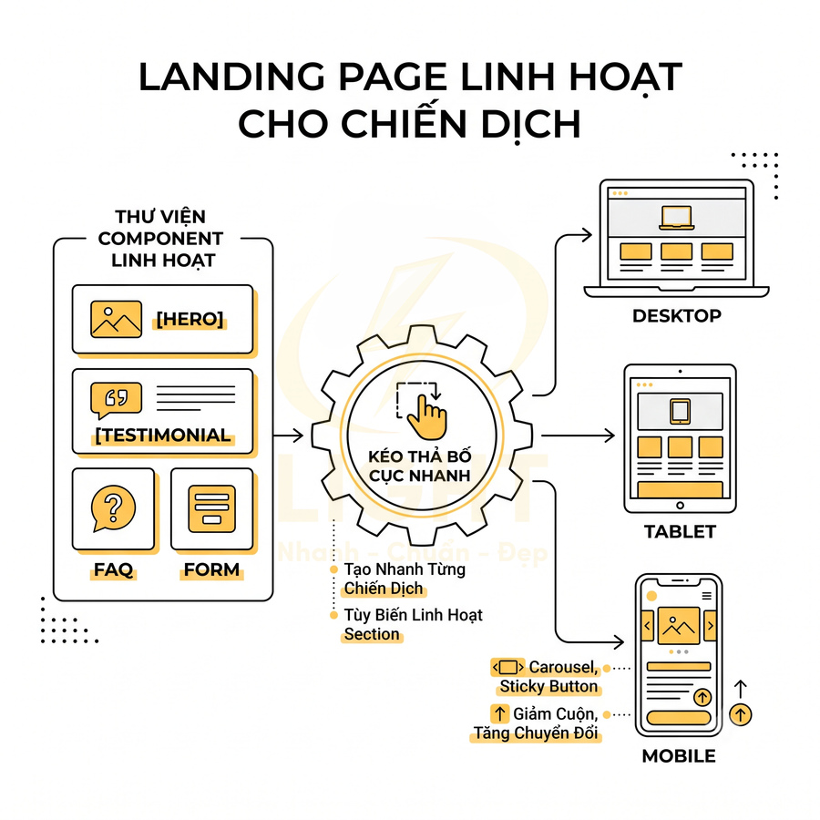 Mô tả landing page kéo thả linh hoạt với thư viện component và hiển thị trên desktop tablet mobile