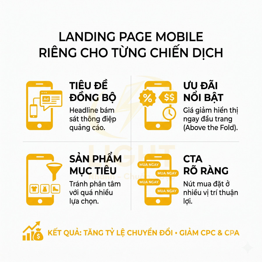 Infographic hướng dẫn tối ưu landing page mobile với tiêu đề đồng bộ ưu đãi nổi bật sản phẩm mục tiêu và nút CTA rõ ràng