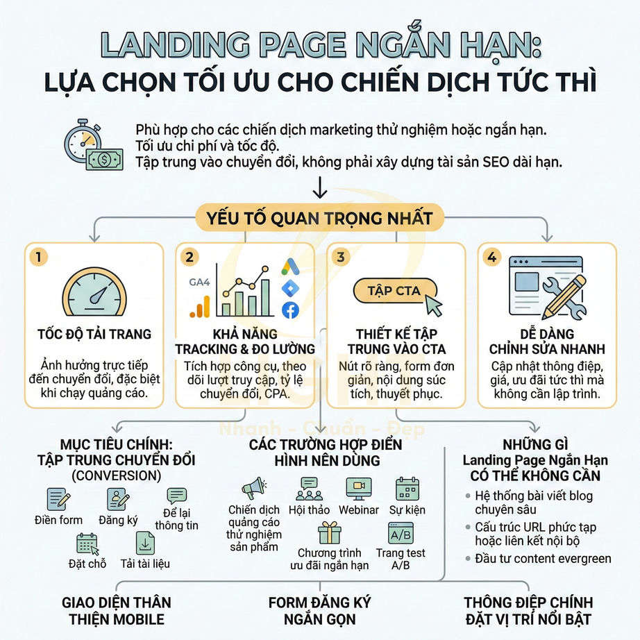 Infographic hướng dẫn tối ưu landing page ngắn hạn với các yếu tố tốc độ tải trang, tracking, CTA và chỉnh sửa nhanh