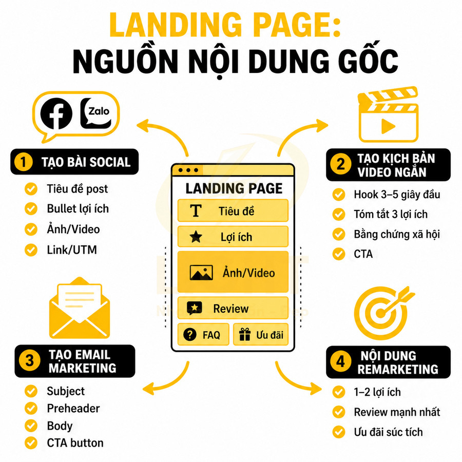 Infographic quy trình dùng landing page làm nguồn nội dung gốc cho social, video ngắn, email marketing và remarketing