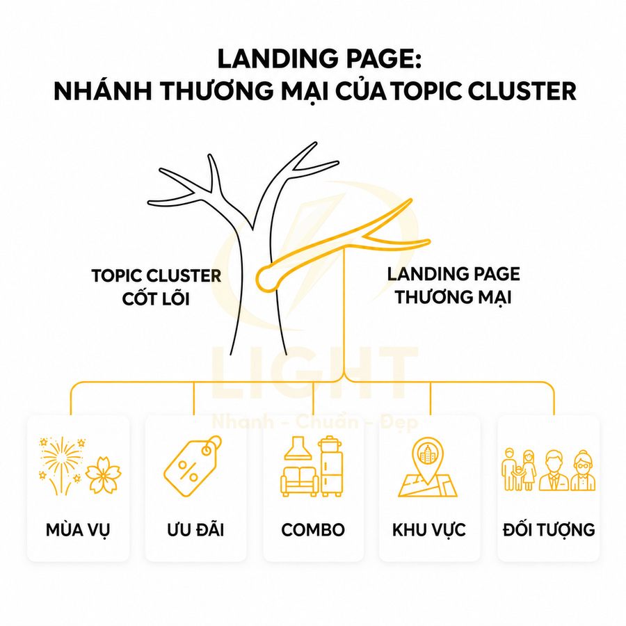 Mô hình cây minh họa landing page thương mại là nhánh của topic cluster với các nhóm mùa vụ ưu đãi combo khu vực đối tượng