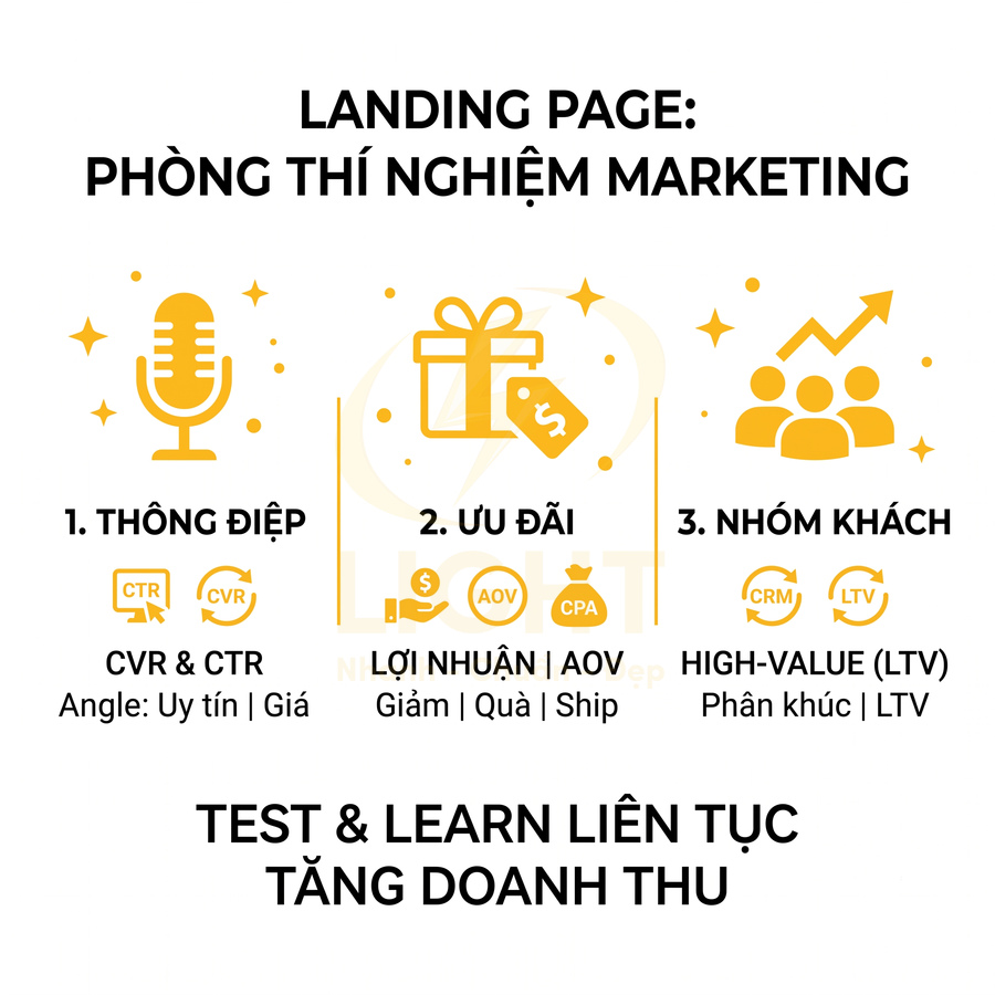 Mô hình landing page phòng thí nghiệm marketing với thông điệp ưu đãi nhóm khách để tăng doanh thu