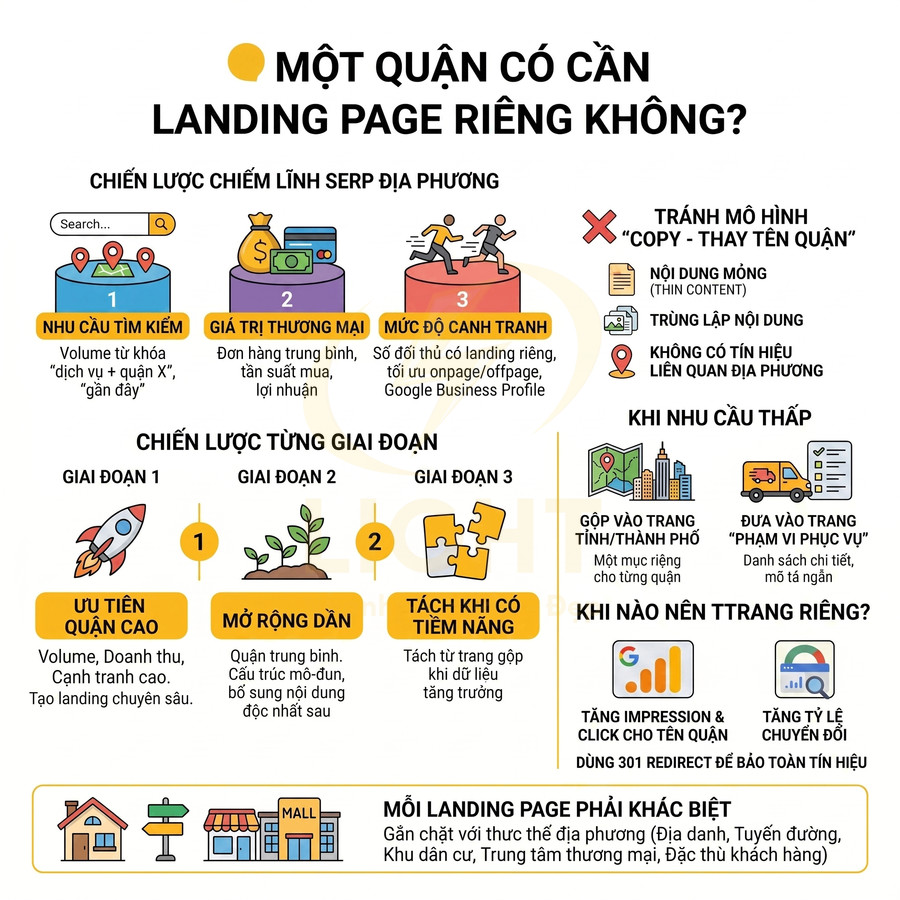 Infographic hướng dẫn chiến lược SEO local và tạo landing page riêng cho từng quận để tăng chuyển đổi