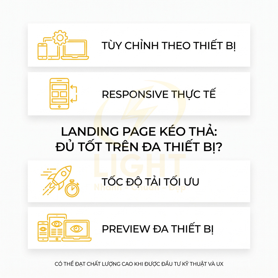 Thiết kế landing page kéo thả tối ưu tốc độ, responsive và preview đa thiết bị trên máy tính và điện thoại