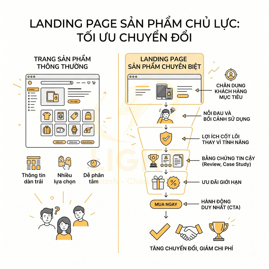 So sánh trang sản phẩm thông thường và landing page sản phẩm chủ lực tối ưu chuyển đổi
