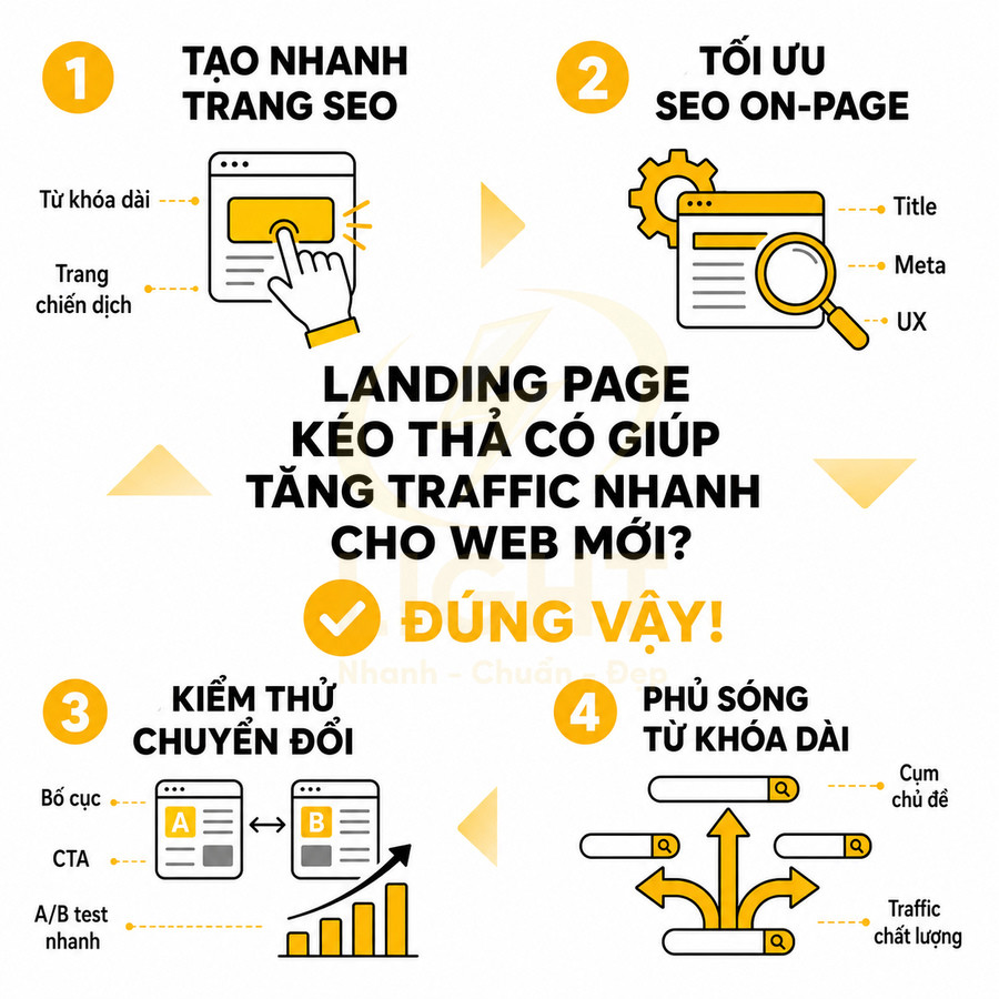 Infographic quy trình tối ưu landing page SEO kéo traffic nhanh cho website mới với 4 bước rõ ràng