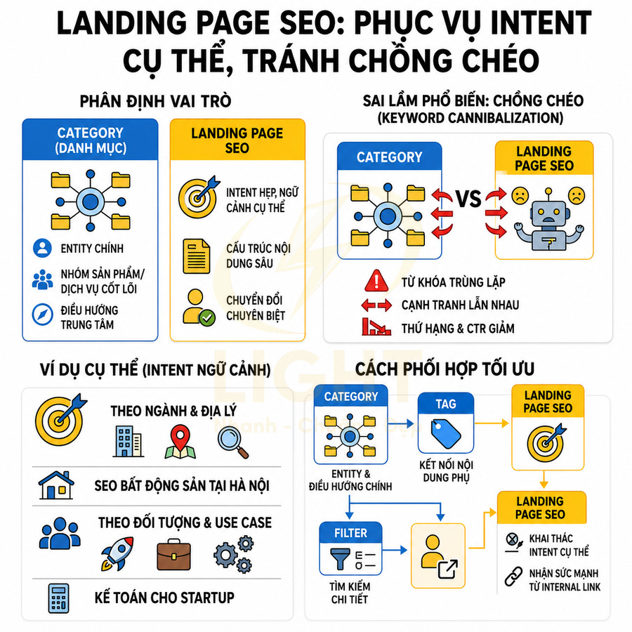 Infographic hướng dẫn xây dựng landing page SEO theo intent cụ thể và tránh chồng chéo từ khóa