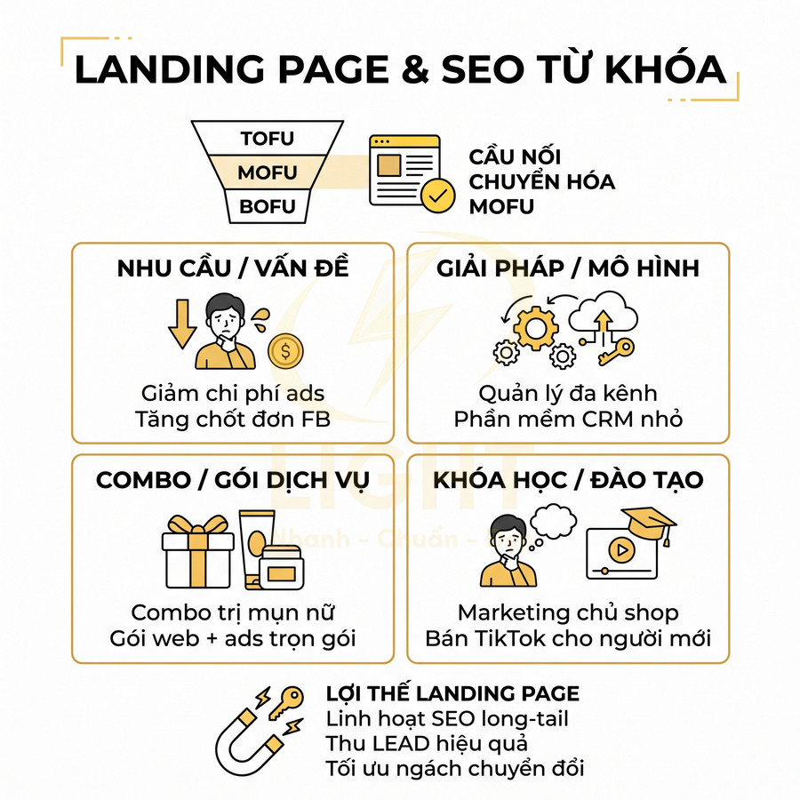 Infographic hướng dẫn tối ưu landing page và SEO từ khóa theo nhu cầu, giải pháp, gói dịch vụ và khóa học