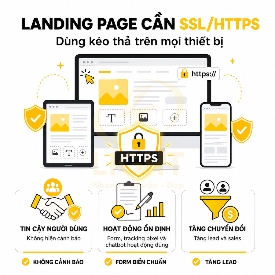 Minh họa landing page dùng SSL HTTPS trên máy tính, tablet, điện thoại với biểu tượng ổ khóa và các lợi ích bảo mật