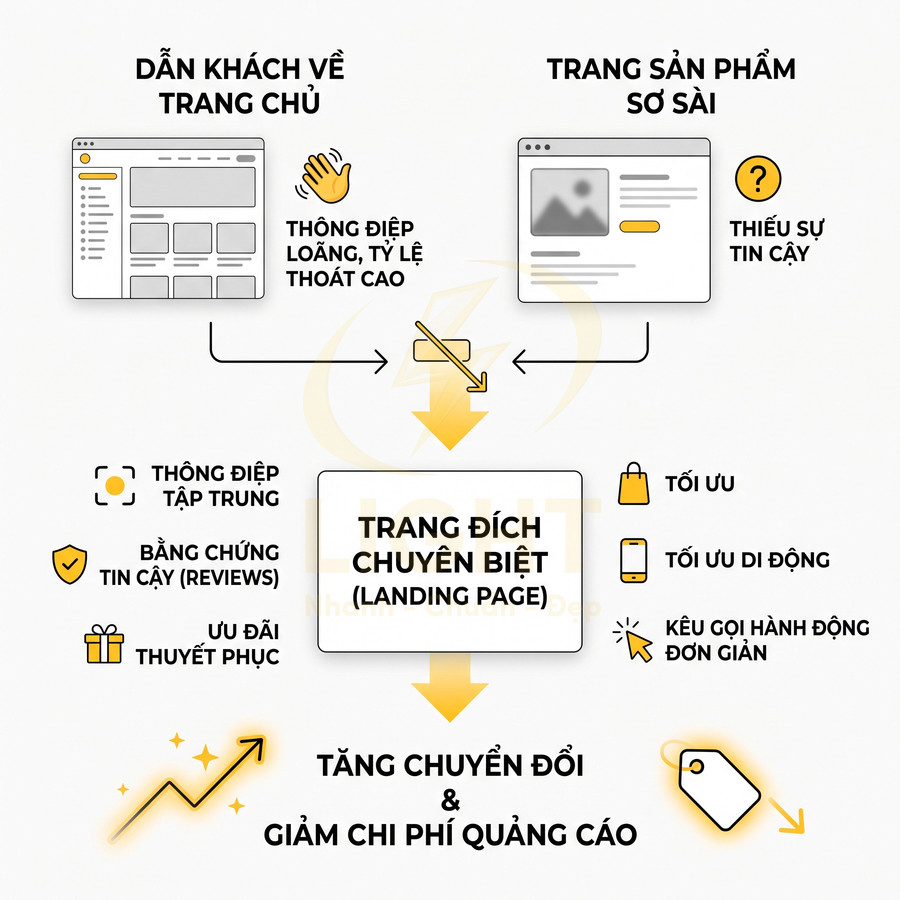 Mô hình so sánh dẫn khách về trang chủ và trang đích chuyên biệt để tăng chuyển đổi, giảm chi phí quảng cáo